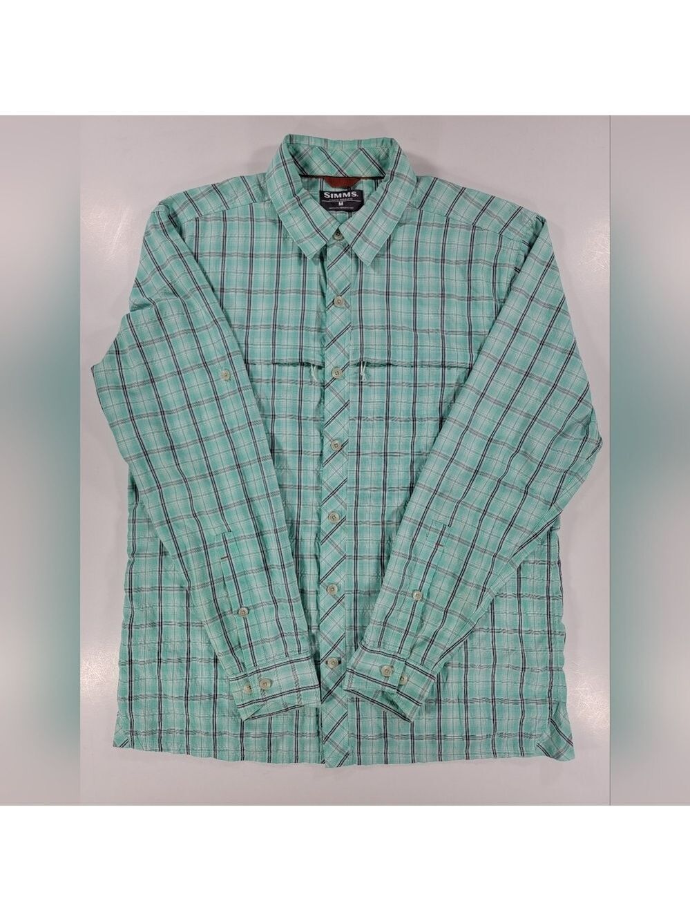 Simms Fishing Shirt Mens Medium Blue Plaid Button Down Long Roll Tab Sleeves